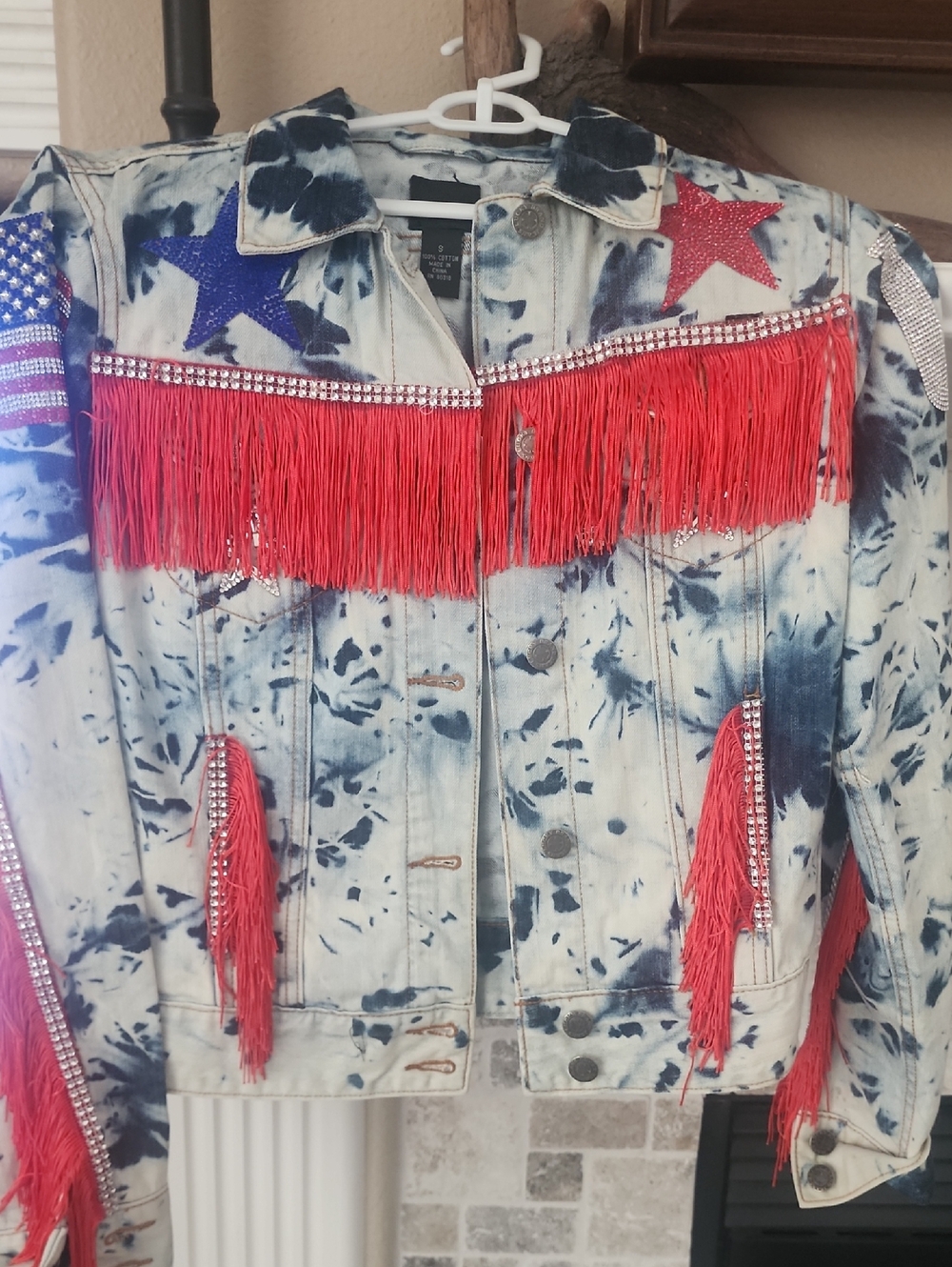 Lucky Brand Red Fringe Tie-Dye Denim Jacket with Blue & Red Star Accents